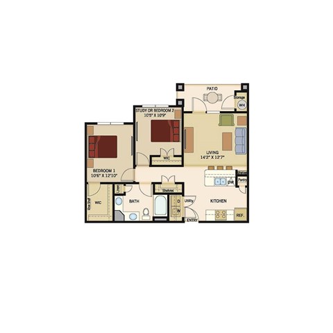 Floor plan for 1 bed, 1 bath, 882 sqft